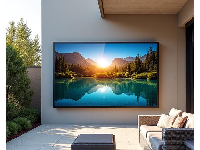 Large outdoor television screen mounted on a patio wall, displaying vibrant content during daytime.