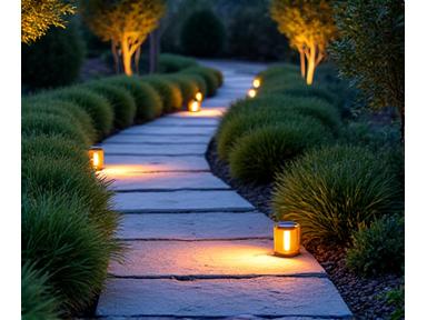 Soft LED pathway lighting illuminating a stone walkway in a meticulously landscaped garden.