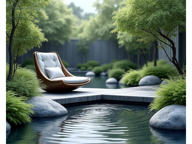 Secluded outdoor zen garden with a small water feature, comfortable single chair, and lush greenery.