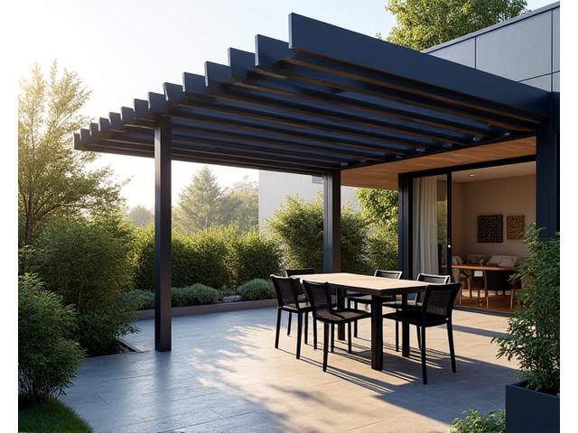 Modern louvered pergola covering an outdoor dining area, providing shade and rain protection.