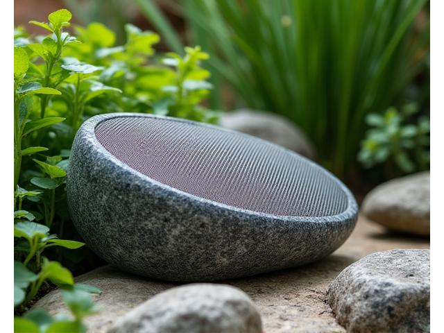 Discreet outdoor speaker mounted in landscaping, blending seamlessly with foliage.