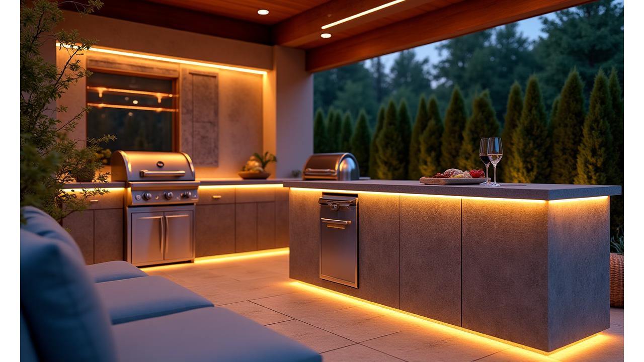 Stunning luxury outdoor kitchen with built-in grill, stone island, and comfortable seating bathed in warm evening light, set against a lush green backyard.