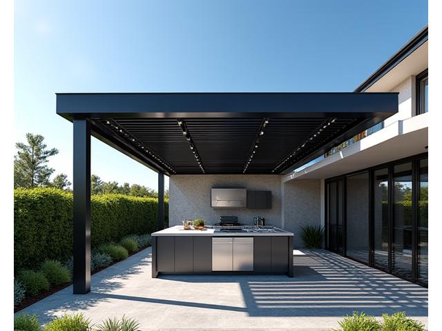 Modern aluminum pergola with adjustable louvered roof providing shelter over an outdoor kitchen, showcasing architectural lines.