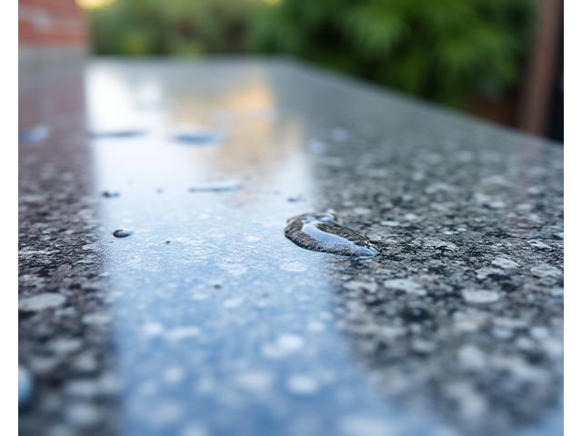 Close-up of a polished granite outdoor countertop with a natural, flecked pattern, showing water resistance.
