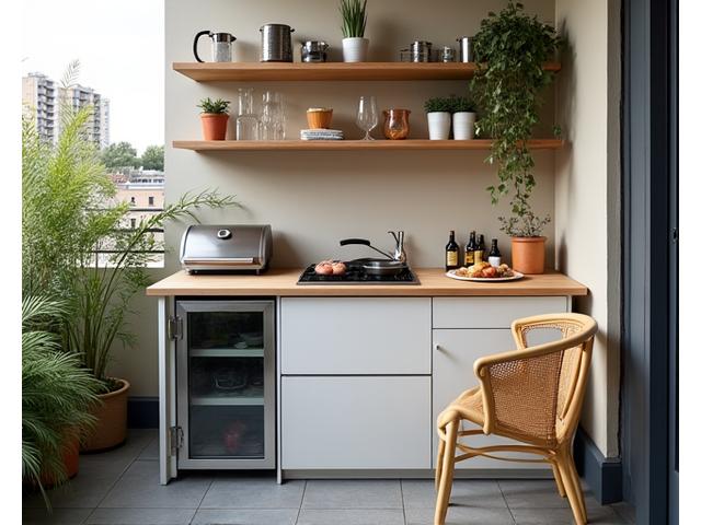 Cleverly designed compact outdoor kitchen on a small balcony or patio, featuring a built-in mini-grill and preparation space.