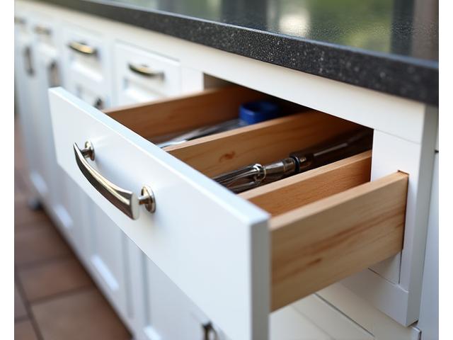 Outdoor kitchen with seamless weather-resistant drawers and cabinet doors, providing ample hidden storage.