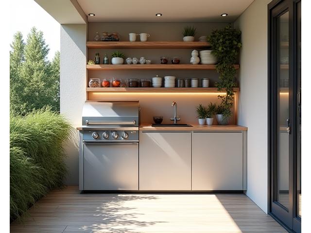 Small, well-organized outdoor kitchen maximizing space with a compact grill, sink, and storage within a limited patio area.