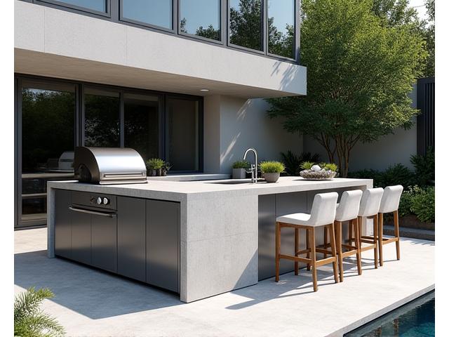 Contemporary outdoor kitchen island with sleek grey cabinetry, integrated bar seating, and a large professional grill.