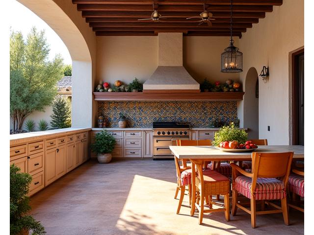 Vibrant Mediterranean-inspired outdoor kitchen with brightly tiled backsplash, built-in smoker, and a large dining area.