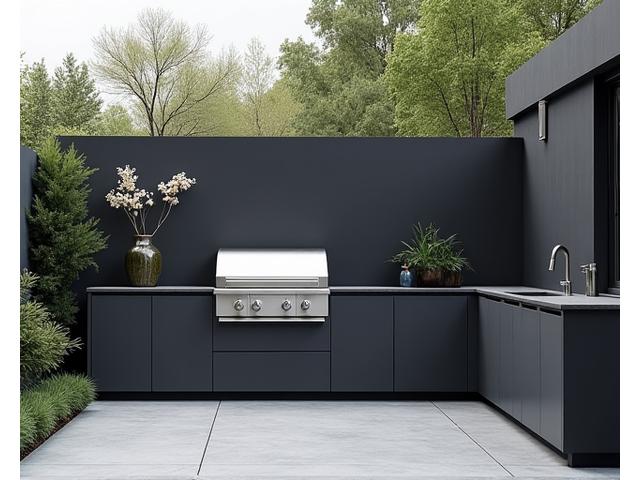 Sleek modern minimalist outdoor kitchen with stainless steel appliances and dark stone countertops.