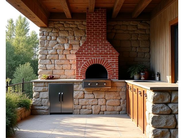Cozy rustic outdoor kitchen featuring natural stacked stone, wooden pergola, and a classic brick pizza oven.
