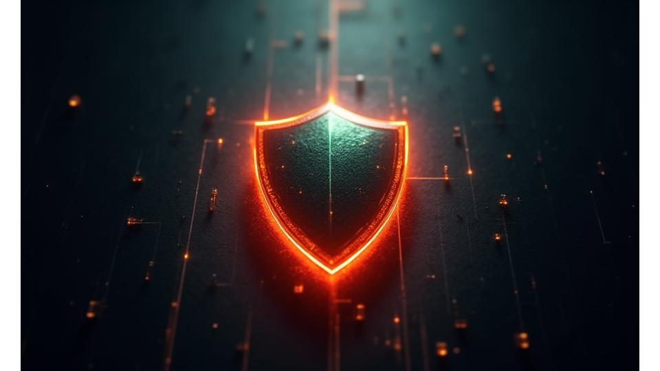 Glowing shield icon over a stylized network, representing robust digital security for data protection.
