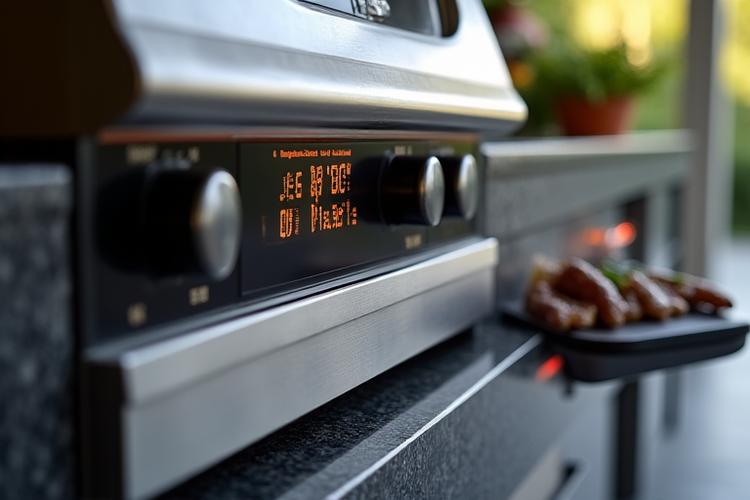 Sleek smart grill with a digital control panel showcasing precise temperature settings, next to a tablet displaying the grill's companion app interface