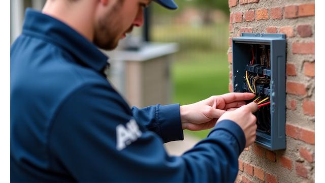 A technician in branded Ember & Stone Customs uniform working on outdoor smart wiring, showing precision and professionalism