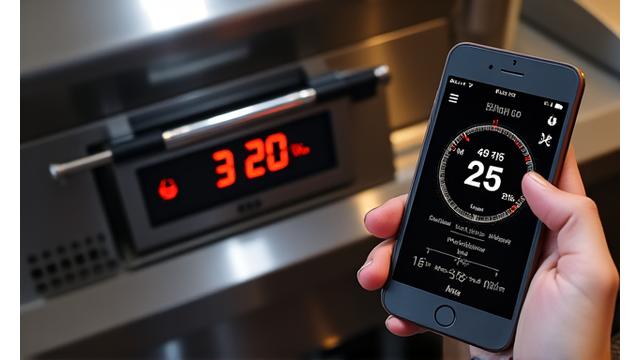 Close-up of a state-of-the-art smart grill display showing temperature readings and a smartphone app interface controlling it remotely