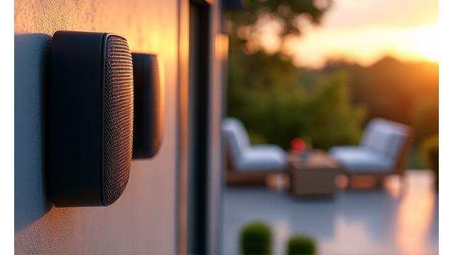 Outdoor sound system with sleek, weather-resistant speakers mounted near a patio seating area, playing music