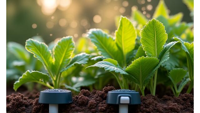 Lush garden area with discreet smart irrigation sprinklers in action and a small weather station, ensuring optimal plant health and comfort