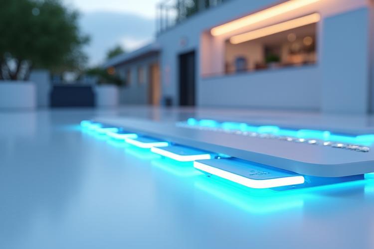 A futuristic outdoor kitchen rendering with placeholder spots for future smart appliance upgrades, denoted by holographic icons