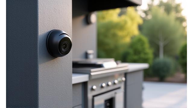 Discreet outdoor security camera integrated seamlessly into a modern outdoor kitchen, with a motion sensor in the foreground