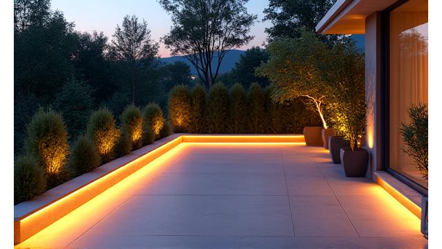 Modern outdoor patio with intelligent, colour-changing LED lighting automatically adjusting to sunset and user preferences