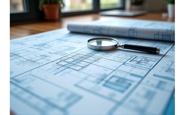 Architectural blueprint with a magnifying glass, symbolizing detailed agreement terms and precision.
